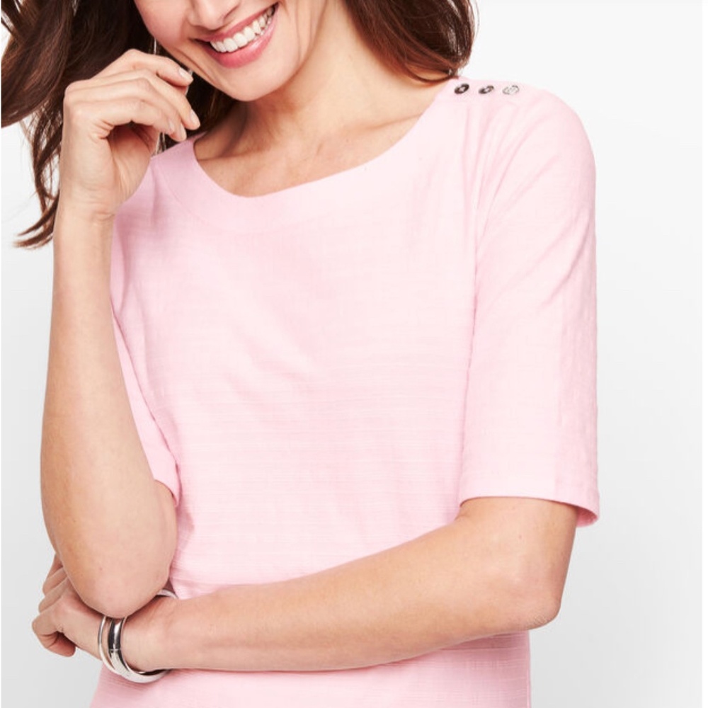 NWT Light Pink Elbow Sleeve Cotton Tee PM Talbots Textured Knit Button Shoulder